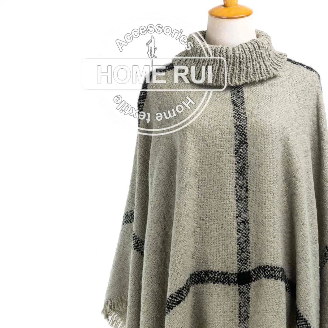 Home Rui Manufacturer Outerwear Autumn Woman Warmth Apparel Accessory Boucle Fringe Oversize Pullover Lattice Tartan Grids Turtleneck Shawl Cloak Cape