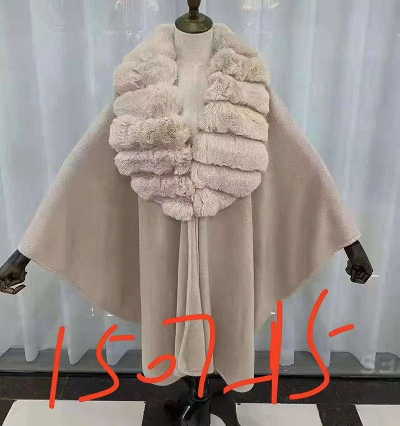 Cape Poncho Faux Fox Fur Collar Cardigan Cloak with Pocket