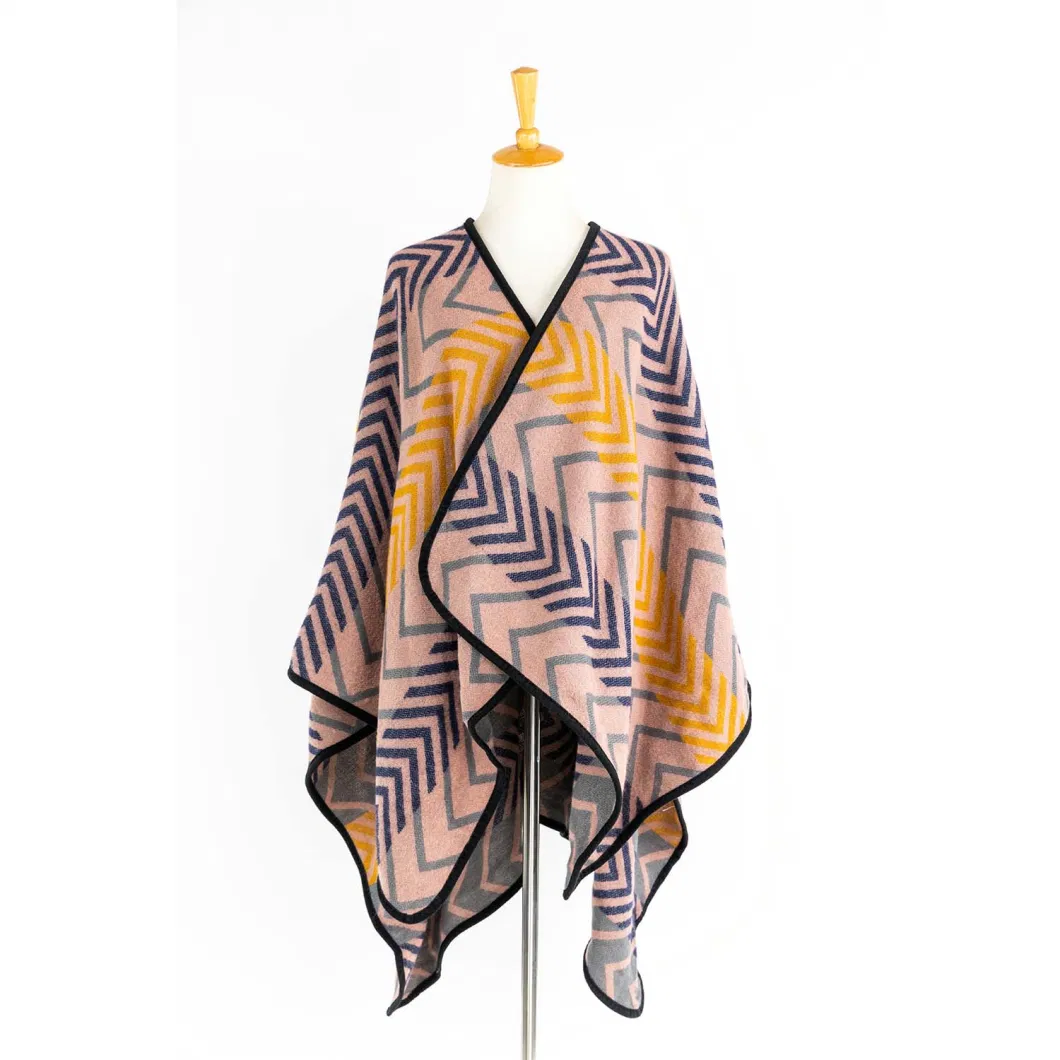 Apparel Women Open Front Winter Knitted Reversible Printed Oversized Geometric Pink Striped Lined Sweater Bohemian Cardigan Tartan Zigzag Cloak Cape Poncho