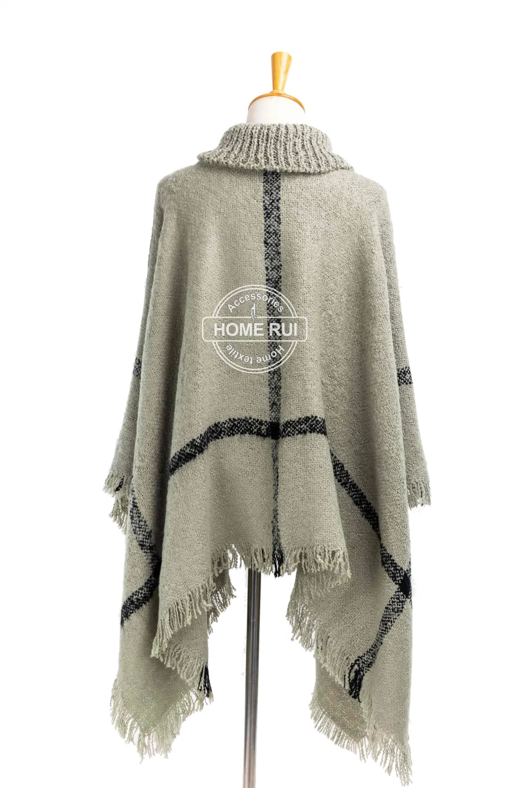 Home Rui Manufacturer Outerwear Autumn Woman Warmth Apparel Accessory Boucle Fringe Oversize Pullover Lattice Tartan Grids Turtleneck Shawl Cloak Cape