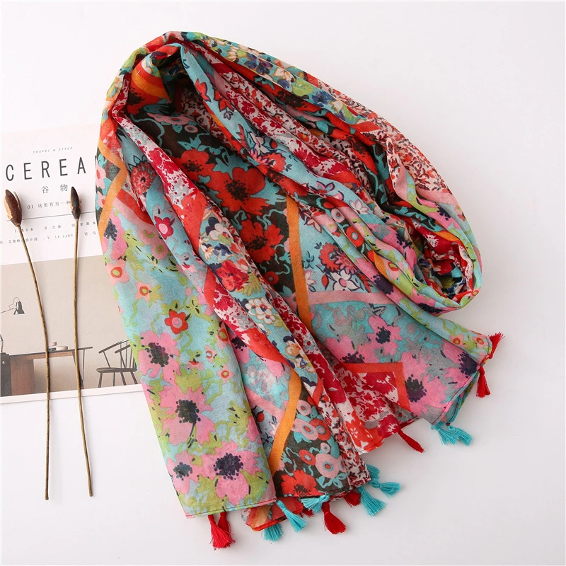 Boho Tassel Vacation Bohemia Muffler Polyester Voile Summer Wrap Flora Striped Print Lady&prime;s Ethnic Scarf