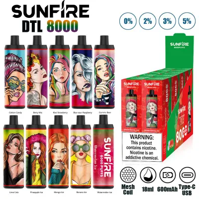 Original Sunfire 8000 Puffs Disposable E Cigarette Dtl 18ml Carts Prefilled 600mAh Rechargeable Vape Device Leakproof Design Vapor Manufacturer Direct UK USA EU