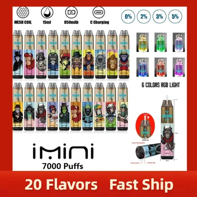56 Regular Flavors Imini Tornado 7000 Puffs Disposable Vape Pen 0% 2% 3% 5% Flashing RGB Tank Design 850mAh Type-C Rechargeable Disposable Mini E-Cigarette EU