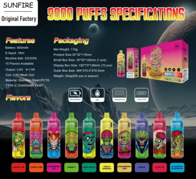 Top1 2023 China Factory High Quality Sunfire and Imini Tornado Brand Box 12000 6000 7000 9000 10000puffs with LED King Disposable Wholesale Vape Hookah