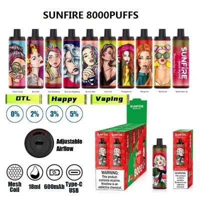  New Puff 8000 Disposable E Cigarette Sunfire 8000 Puffs Vape Sub-Ohm for Dtl Mesh Coil Airflow Control 18ml Pod 20 Flavor Vapes Big Vapor Original