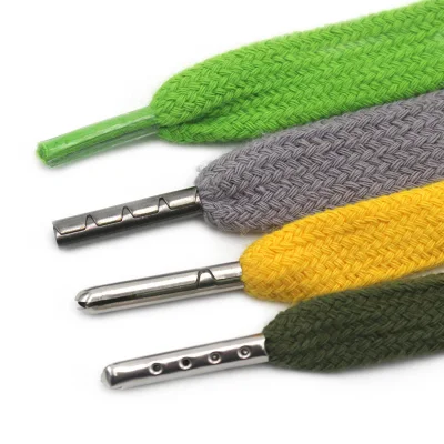 Custom 10 mm Wide 100% Cotton Tubular Hollow Shoe Lace Braided Flat Shoelace Metal Tips Aglet Plastic Tips