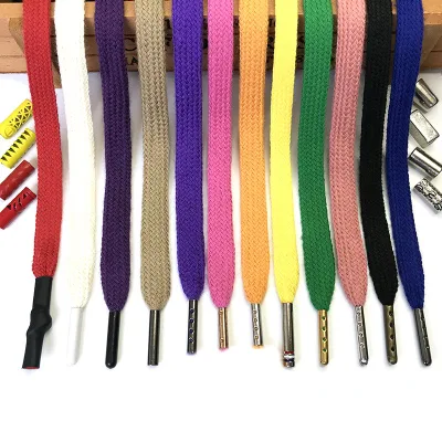 Custom 10 mm Wide 100% Cotton Tubular Hollow Shoe Lace Braided Flat Shoelace Metal Tips Aglet Plastic Tips