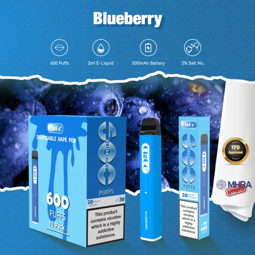 EU Hot Sale Factory Tpd Certificate Electronic Cigarette 600 Puffs Disposable Vape Wholesale