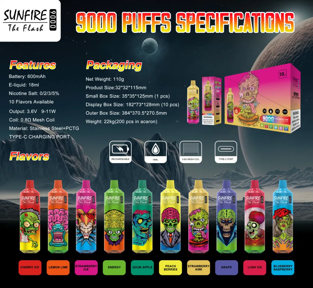 Wholesales Huge Vapor Sunfire Vape 9000 Disposable E Cigarettes Vapes 18ml Rechargeable Electronic CIGS Vs Canada Spain France Thailand Vape 10K 12K 15K Puff