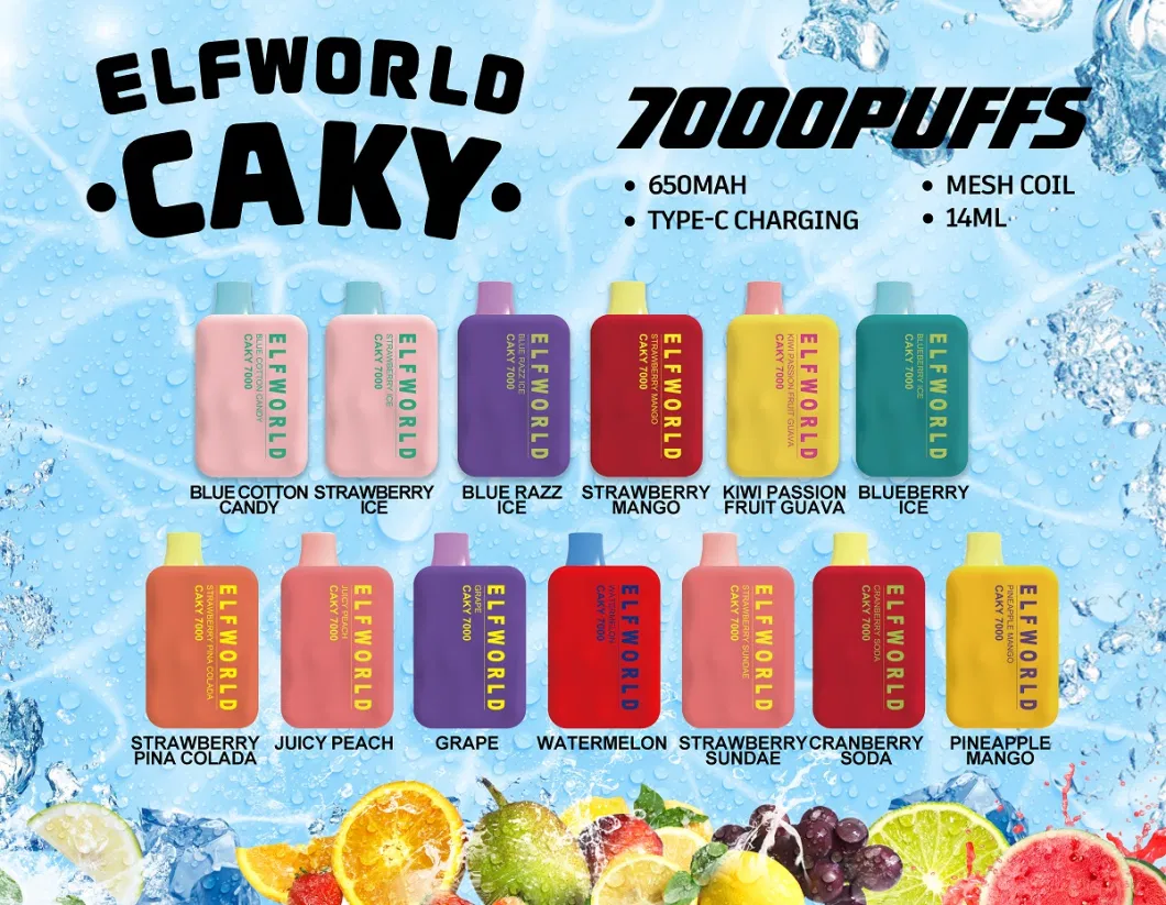 Original Factory Wholesale Disposable Vape Elfworld Caky 7000 Puffs Prefilled E-Liquid 14ml 2% 3% 5% Nicotine and Without Salt Nic