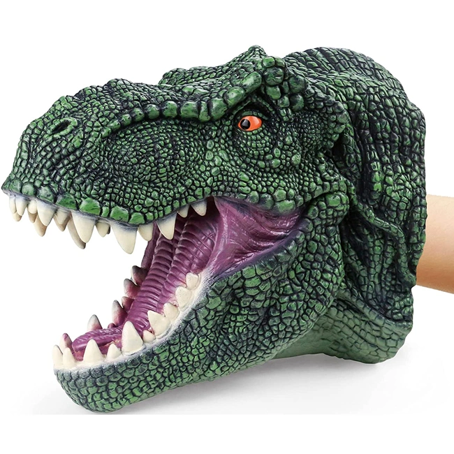 High Quality Green Soft Rubber Animals Head Model Toy Dinosaur Hand Puppet for Children