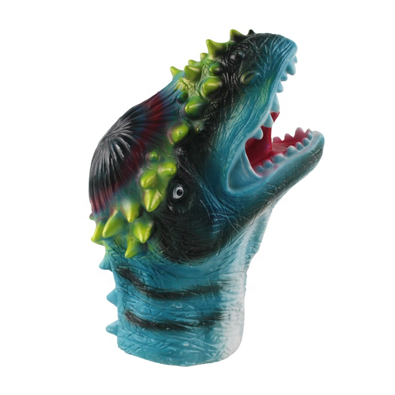 High Quality Green Soft Rubber Animals Head Model Toy Dinosaur Hand Puppet for Children