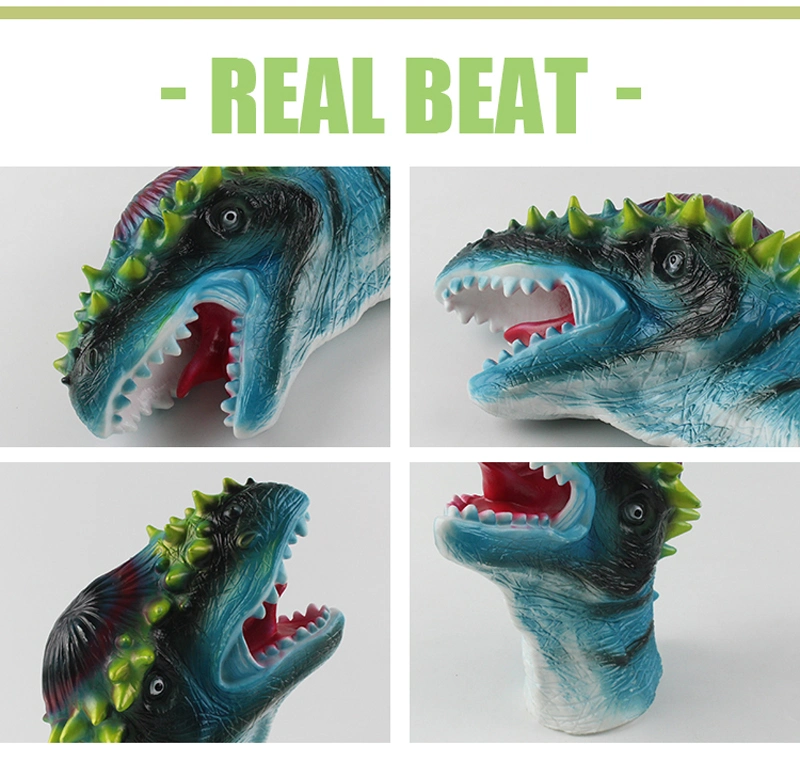 High Quality Green Soft Rubber Animals Head Model Toy Dinosaur Hand Puppet for Children