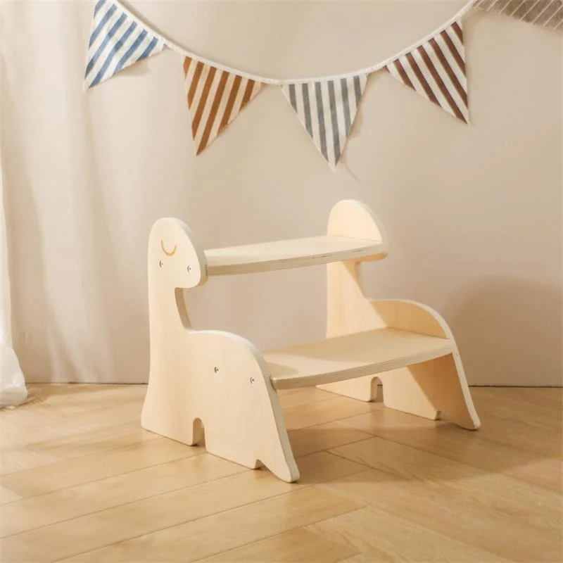 Toddler Wooden Step Stool Natural Two Step Dinosaur Kids Stool