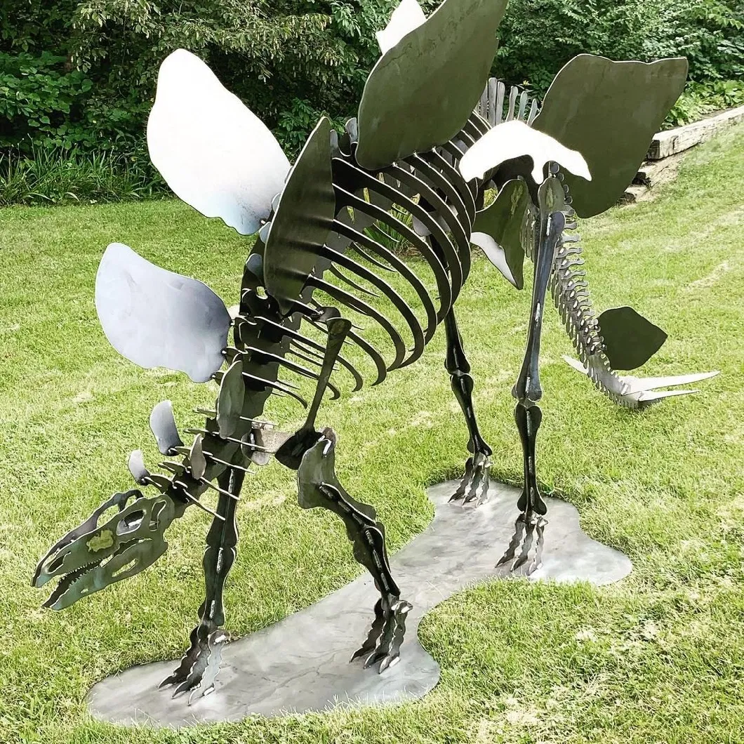 Standing Roaring Head Down Thin Long Tail Steel Piece Modern Custom Vivid Dinosaur Sculpture