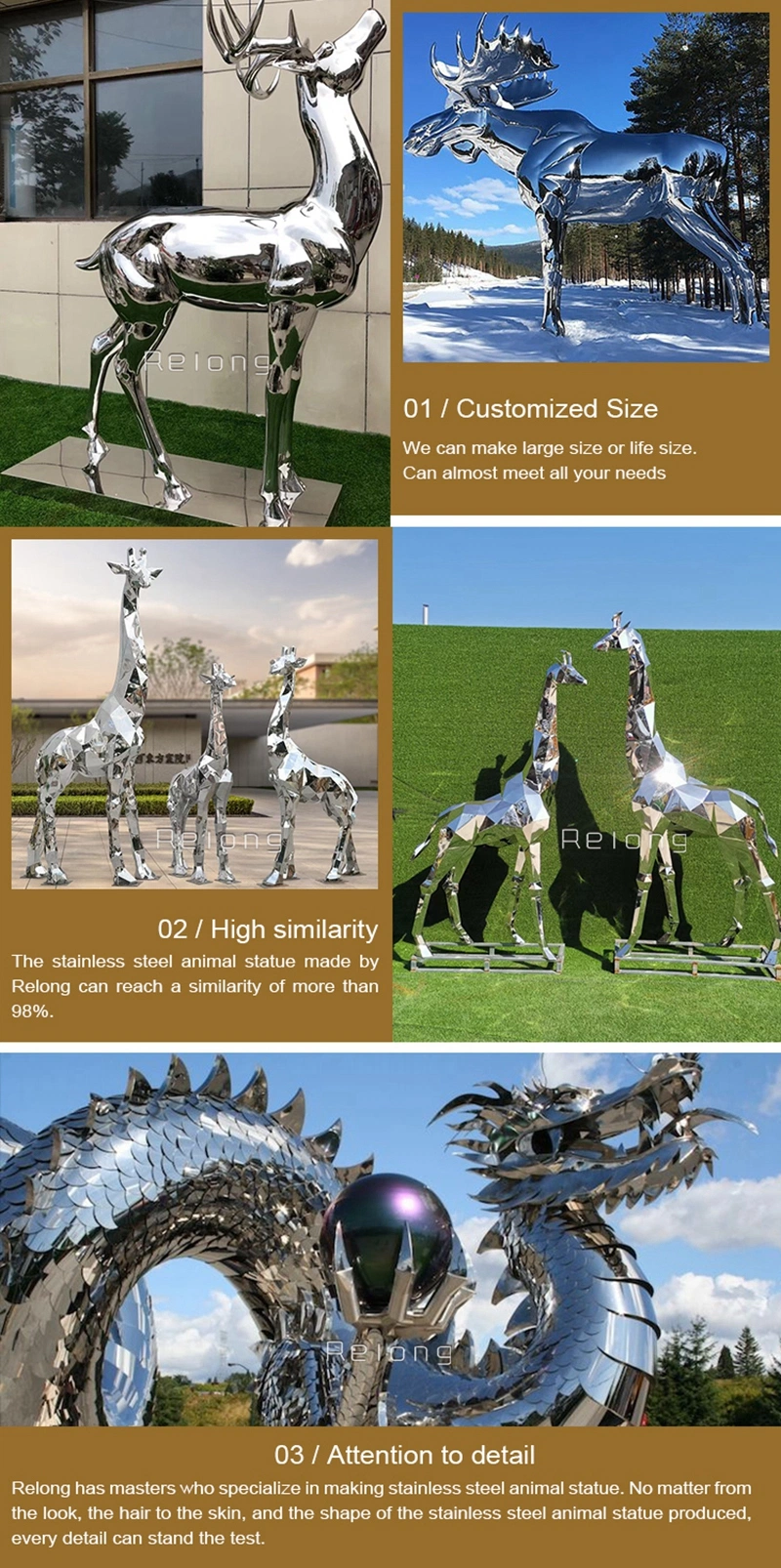 Decorative Abstract Stainless Steel Dinosaur Animal Sculpture