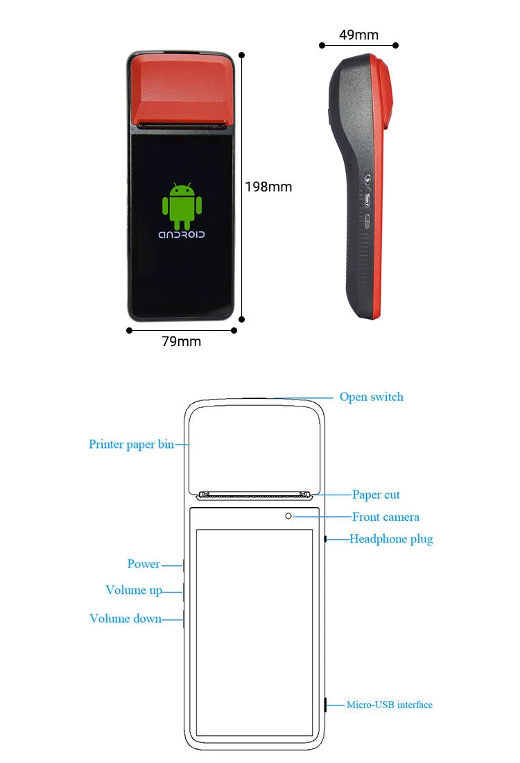 Handheld Android Smart POS Terminal with 5MP Camera GPS 3G WiFi Bluetooth 58mm Printer (R330C)