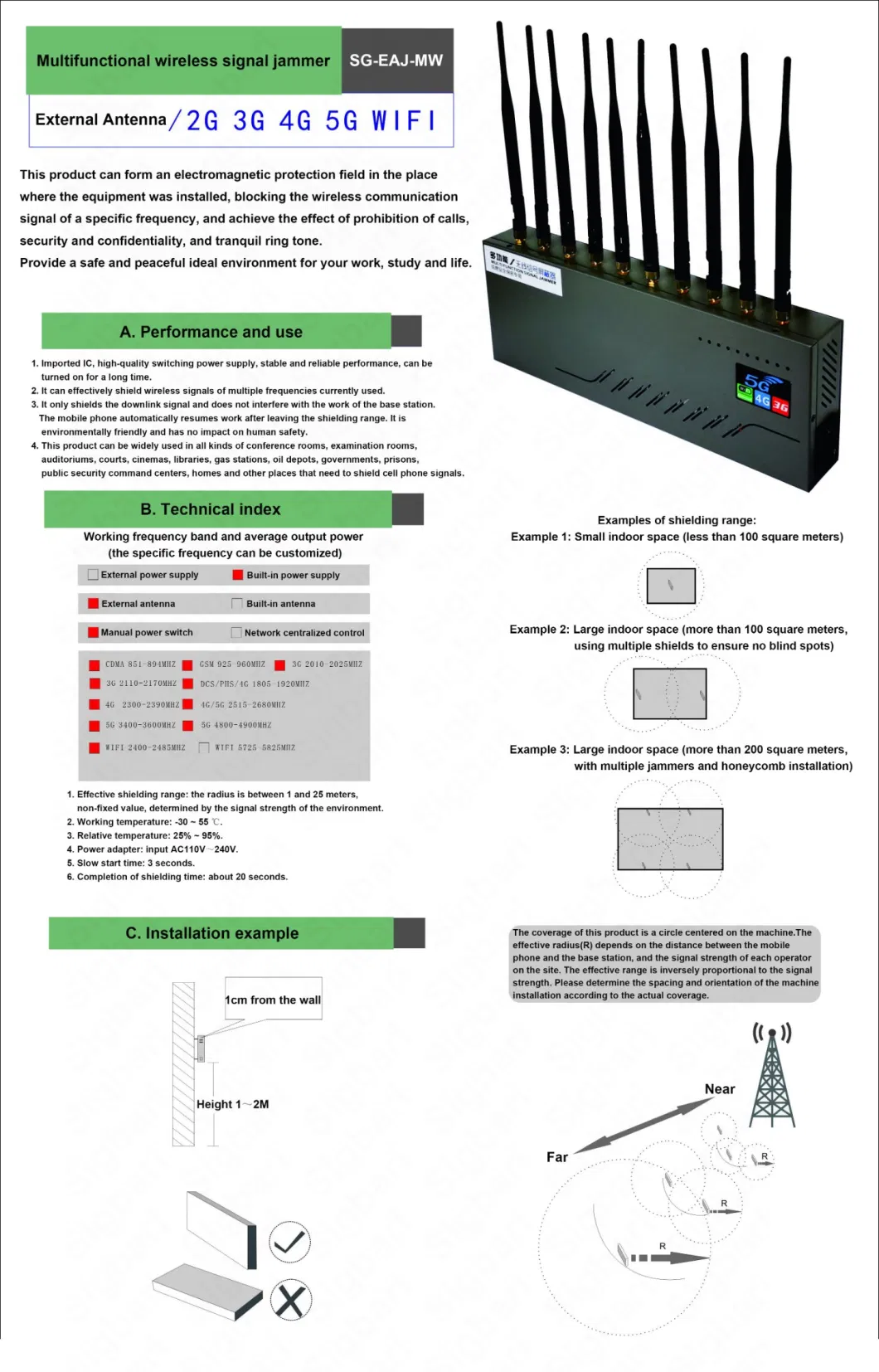 Powerful 20watt Mobile Signal Blocker GSM Wi-Fi Bluetooth 2g 3G 4G 5g Signal Jammer