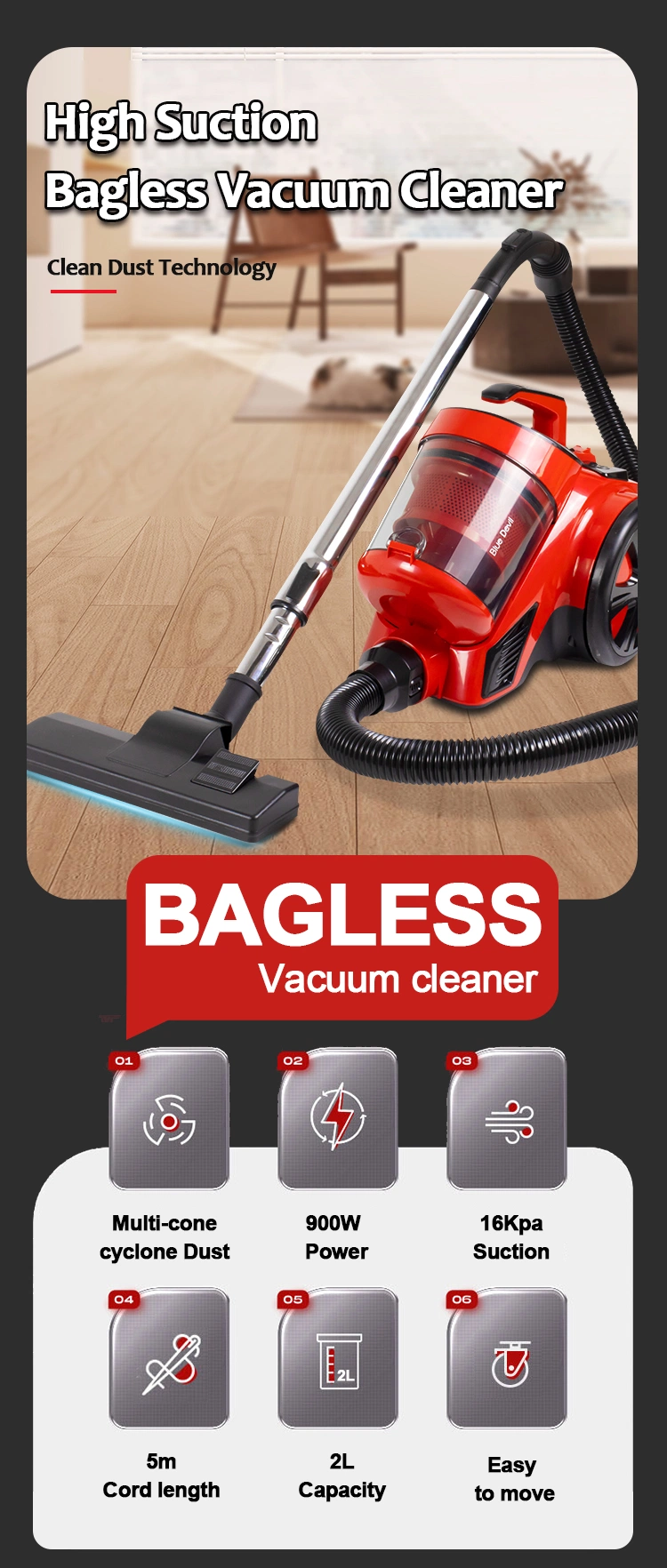 Low Noise Powerful Multi Function Electronic Small Canister Dust Upright Home Bagless Vacuum Cleaner with HEPA Filter