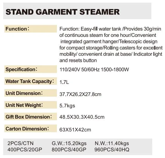 Double Pole Stand Garment Steamer with Iron Board and 1.7L Water Tank