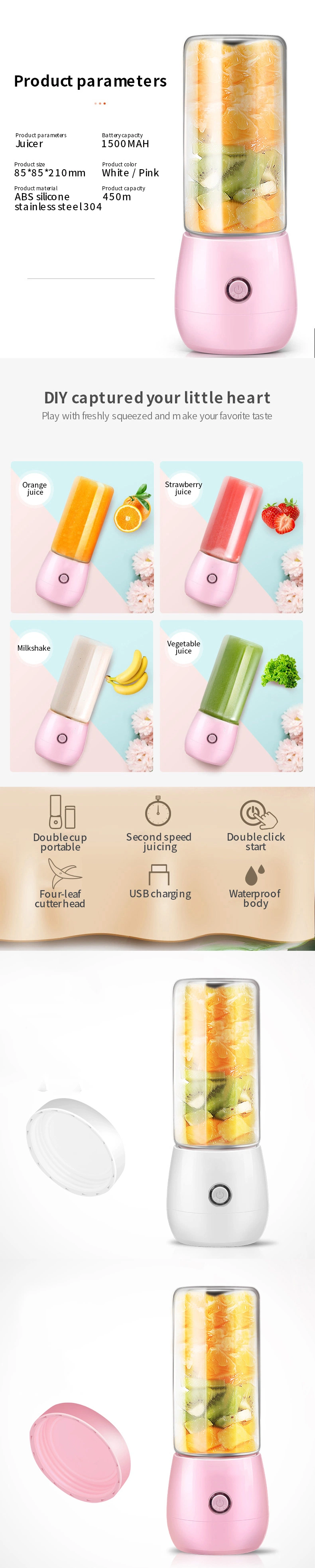 Travel Milkshake and Smoothie Fresh Juicer Blender Mini Portable USB Electric Juicer Blender