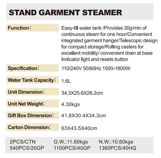 Easy-Fill Water Tank Stand Garment Steamer Provides 30g/Min of Continuous Steams