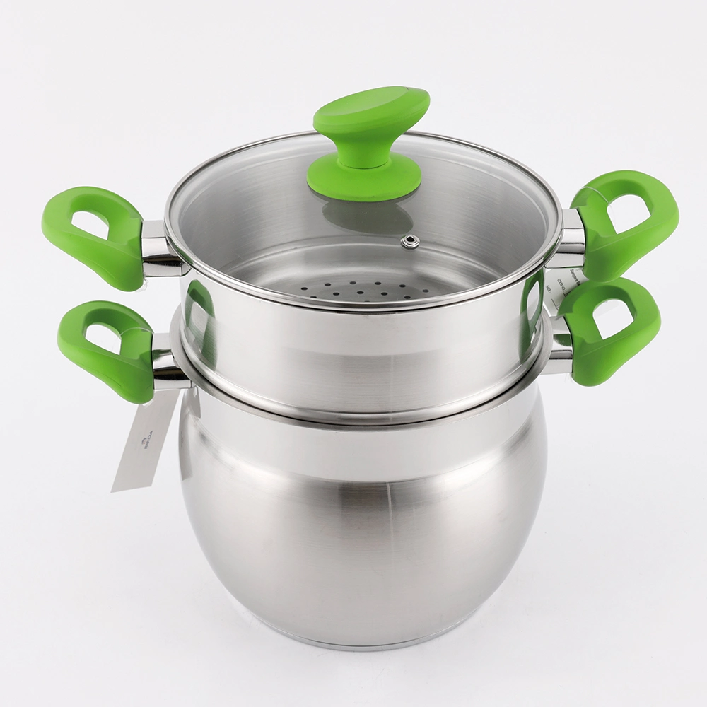 3PCS Stainless Steel Couscous Pot Stock Pot with Steamer with Soft Touch Handle and Knob