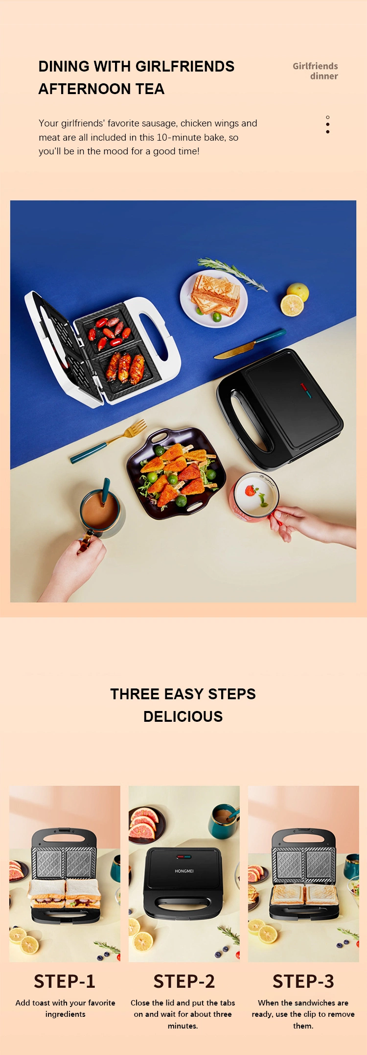 Kitchen Appliances 3 in 1 Detachable Stainless Steel Grill Sandwich Maker 2 Slice Breakfast Toaster Waffle Maker