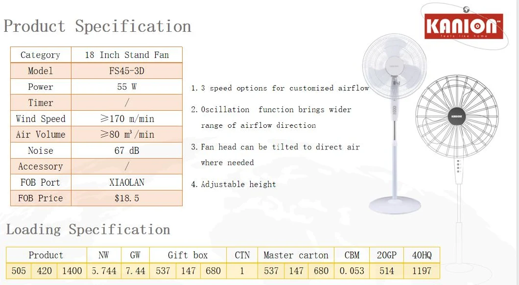 Adjustable Height 55W 18 Inch 3 Speed Stand Fan