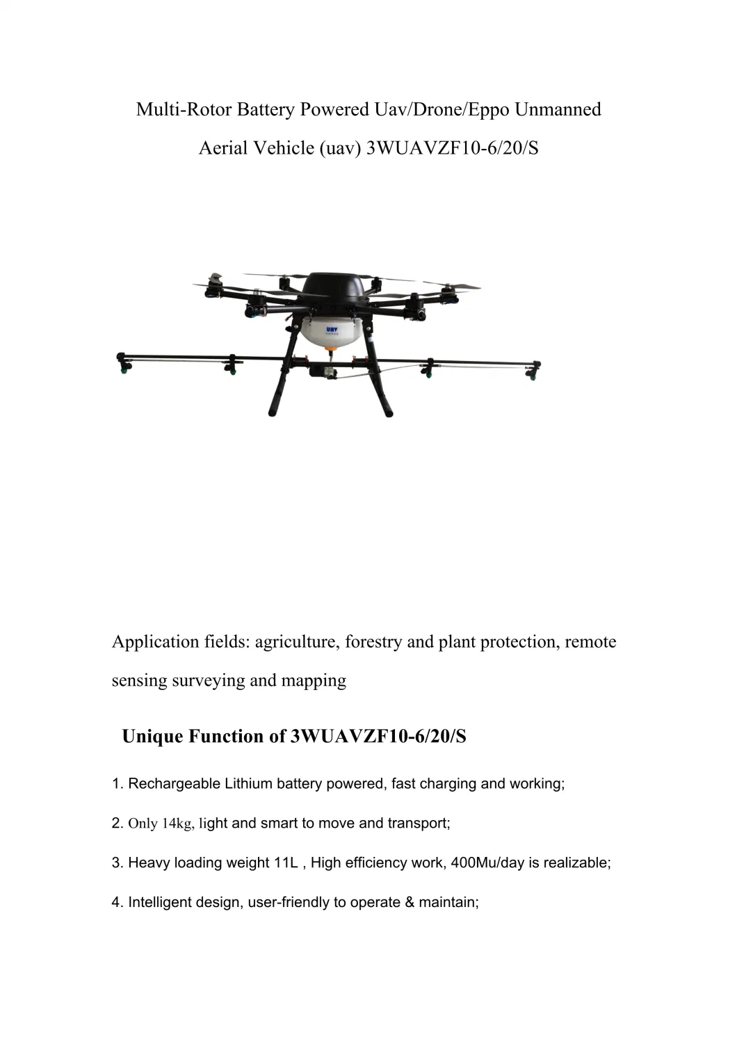 Powered Uav/Drone/Eppo Unmanned Aerial Vehicle (uav) 3wuavzf10-6/20/S