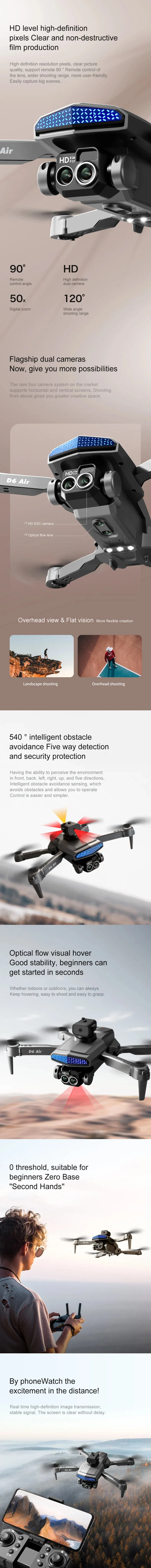 D6 Air Drone 4K HD Dual Camera Five-Sided Obstacle Avoidance Aerial Light Flow Drone Foldable Remote Control Drone Toy