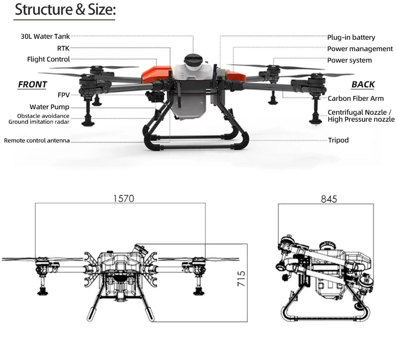 30 Litre Payload Optimized Agriculture AG Pesticide Herbicide Spraying Irrigation Drone