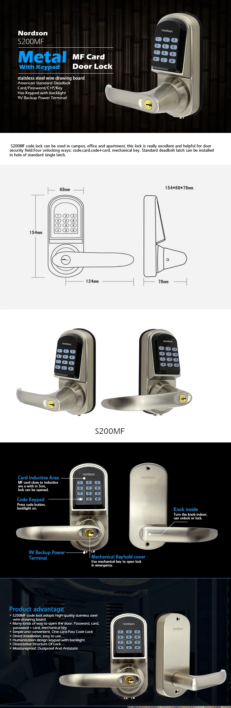 Stainless Steel American Standard Mortise Single Latch Smart Phone Lock with Keypad