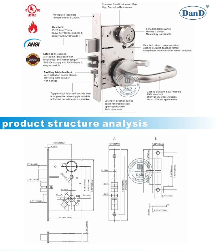 ANSI SS304 American Standard Mortise Lock for Office Entry Door