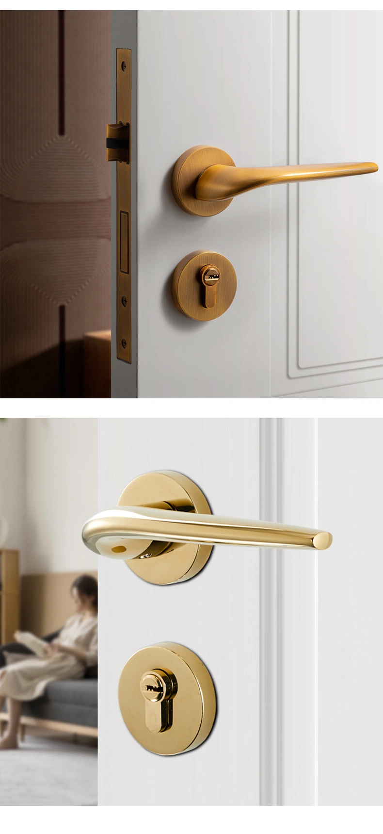 European Style Gold Door Handles with Lock Interior Classic Design Lever Door Handle Key Cylinder Lock