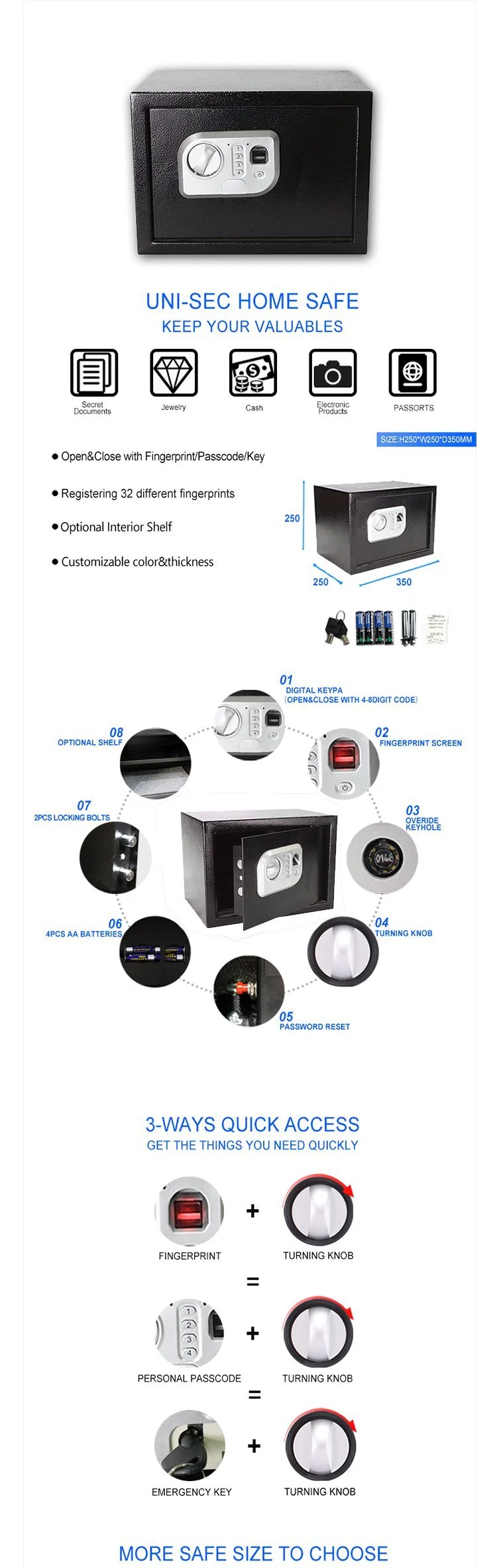 Uni-Sec New Promotion Thumbprint Safe Carry Safe Vault Case Biometric Fingerprint Jewelry Safe (USE-250EV)