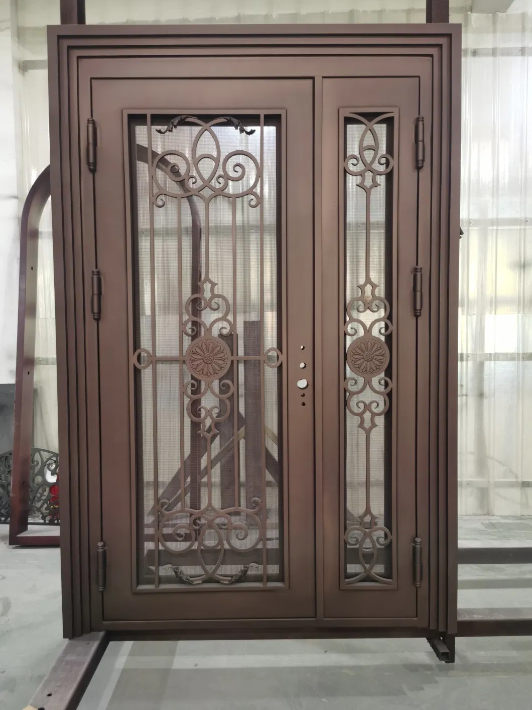 Smart Lock Custom Luxury Simple Unique Cheap Safety Interior French Mesh Net Front Villa Glass Double Grill Forged Iron Door