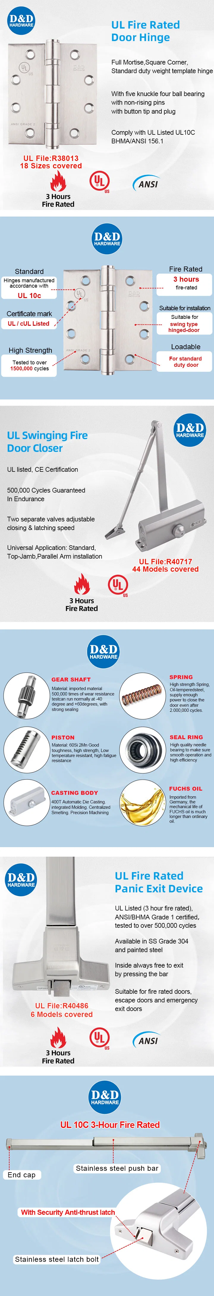 UL Listed ANSI Fire Rated 3 Hours Accessory Fittings Hinge Stainless Steel Door Closer Lever Lock Set Stop Knob Interior Exterior Door Architectural Hardware