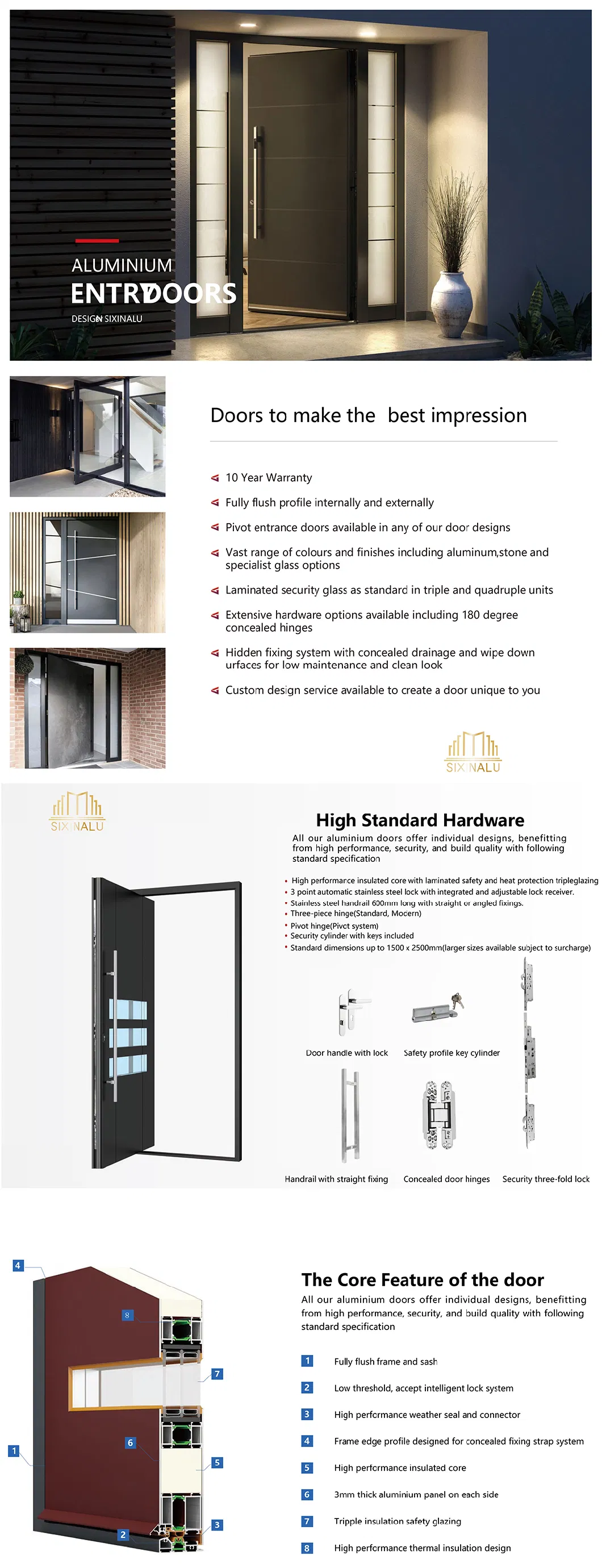 Sixinalu New Design Luxury Villa Thermal Break Aluminum Profile Smart Lock Building Material Steel Entrance Door