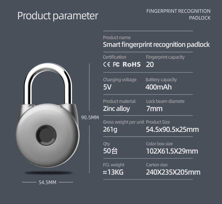 Rechargeable USB Quick Unlock Smart Biometric Thumbprint Padlock Fingerprint Padlock Smart Lock