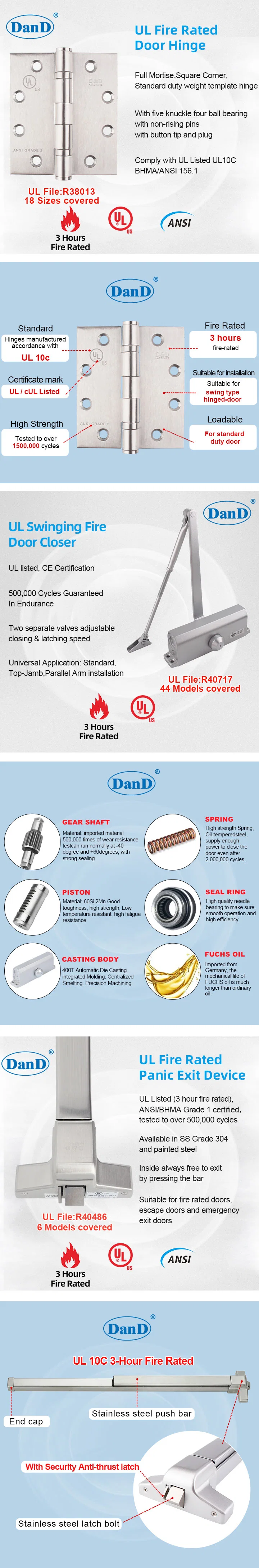 UL Listed Manufacturer Fire Rated Stainless Steel Door Hinge Hydraulic Door Closer Panic Exit Push Bar Lock Construction Wood Door Building Hardware Fitting