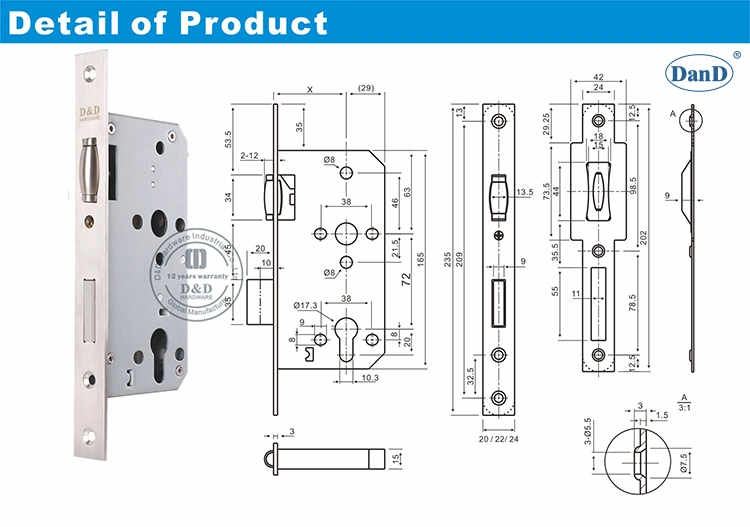 Euro Construction Hardware Roller Handle Outer Wood Door Lock Set