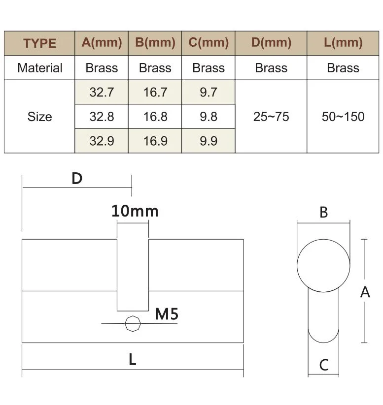 Customized Length 40-160mm Villas Main Gate Entry Wooden Door Lock Cylinder Brass