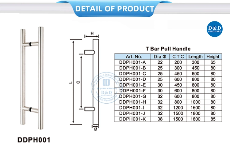 Stainless Steel Decorative Commercial Door Accessories Lock Back to Back Handle Bathroom Shower T Bar Tube Sliding Double Side Hardware Glass Door Pull Handle