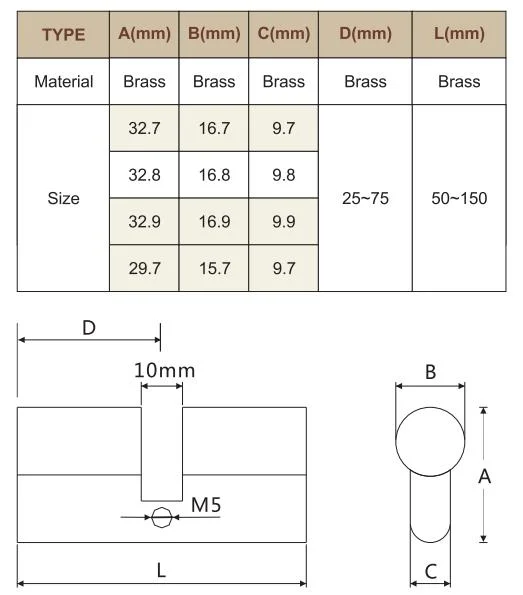 Brass Mortise Computer/Normal Key Euro Entry Door Cylinder Lock Set