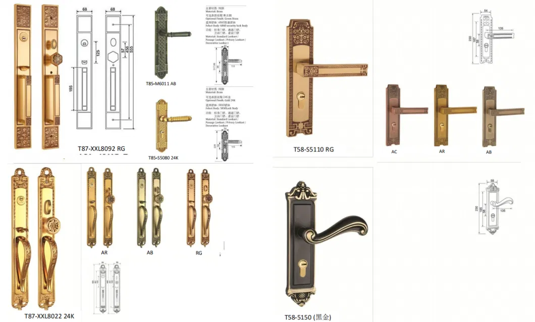 Doors Handles Antique Brass Interior Door Handle Lock Gold Copper Handles