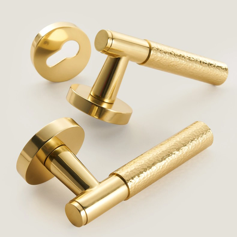 Koppalive Lever Door Handles with Lock, Australia Satin Hammered Brass Door Handle