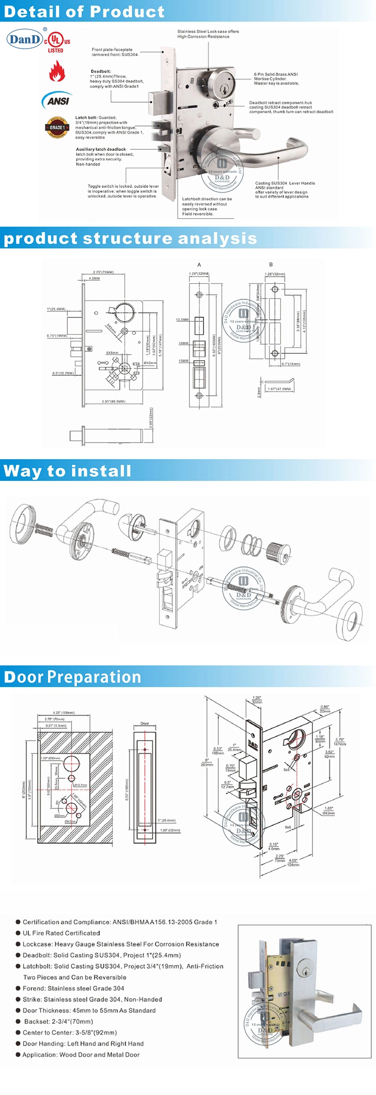 UL Listed Certification Fire Proof Rated Stainless Steel Butt Hinge Panic Bar Exit Hardware Door Closer Mortise Lock Building Hardware