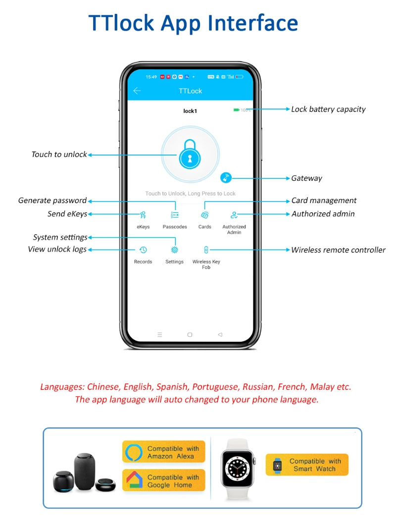 Bluetooth Ttlock APP Wireless Digital Keypad Smart Lock with Handle