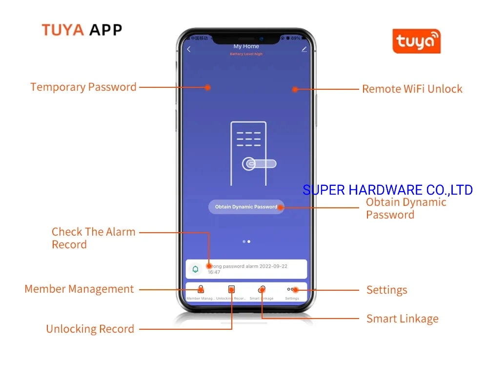 Mart Bedroom WiFi Electronic Intelligent Tuya Digital Fingerprint Smart Door Lock